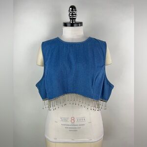 💚 3093. Denim Rhinestone Fringe Crop Top